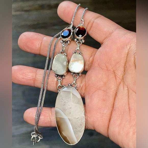 Botswana Lace Agate & Mother Pearl Pendant Necklace - Picture 5 of 10